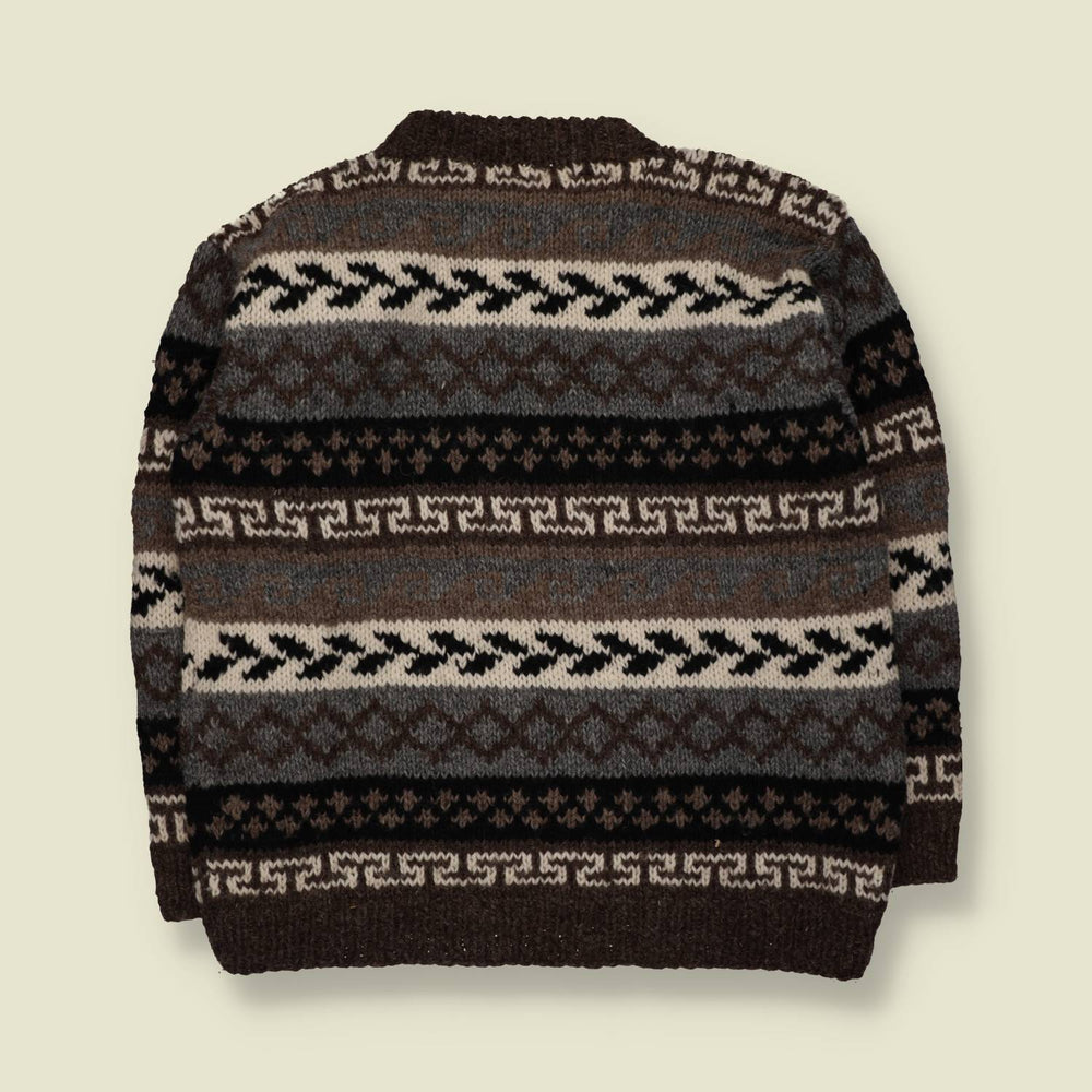 1970s | Hand Knitted | Brown Wool Geometric Pattern Crew Neck Jumper - XL