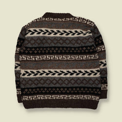 1970s | Hand Knitted | Brown Wool Geometric Pattern Crew Neck Jumper - XL