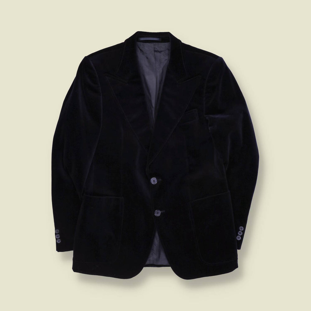 1970s | Navy Velvet Two-Button Western-Collar Blazer - XS