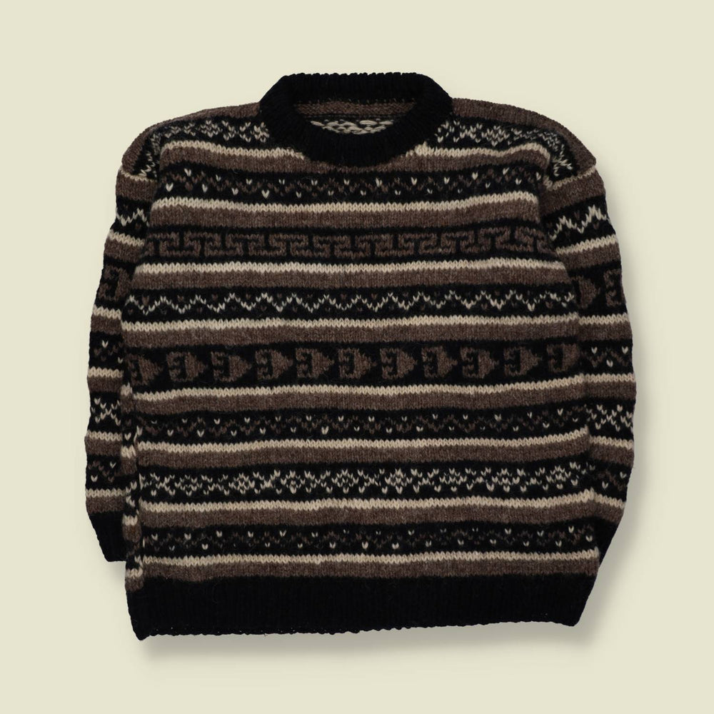 1970s | Hand Knitted | Brown & Black Wool Geometric Pattern Crew Neck Jumper - L