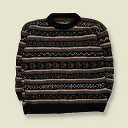 1970s | Hand Knitted | Brown & Black Wool Geometric Pattern Crew Neck Jumper - L