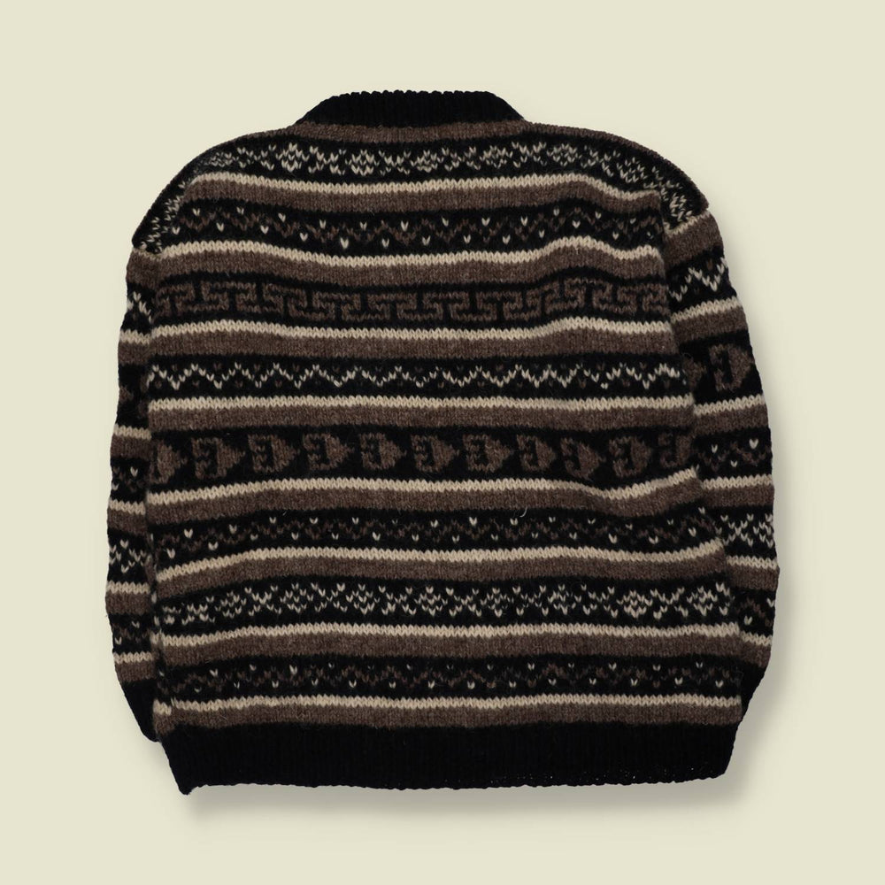 1970s | Hand Knitted | Brown & Black Wool Geometric Pattern Crew Neck Jumper - L