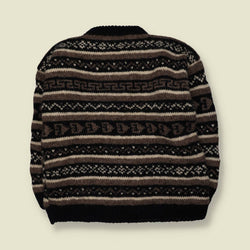 1970s | Hand Knitted | Brown & Black Wool Geometric Pattern Crew Neck Jumper - L