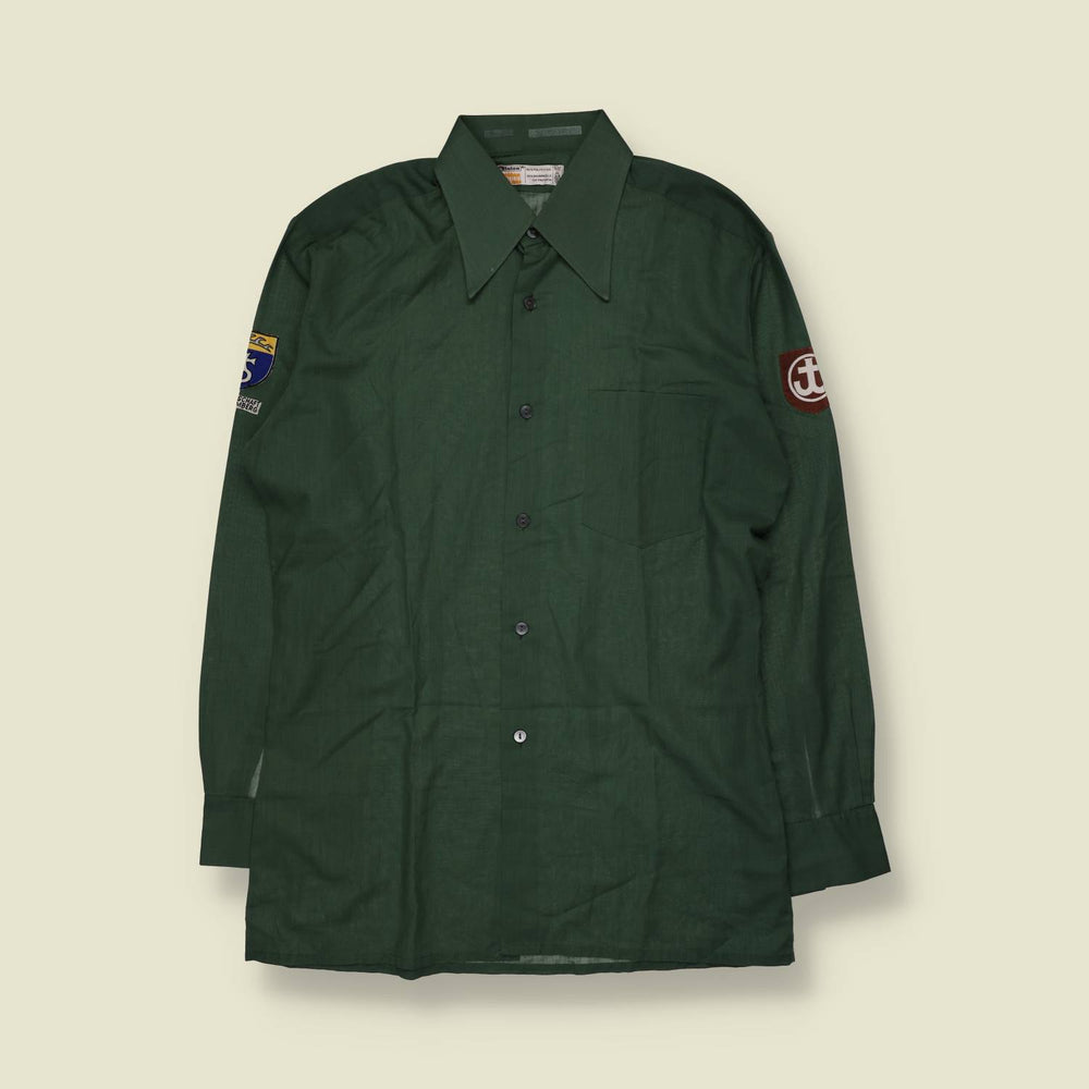 1970s | Green Long Sleeve Shirt with Jungen Schaft Württemberg Patches - L