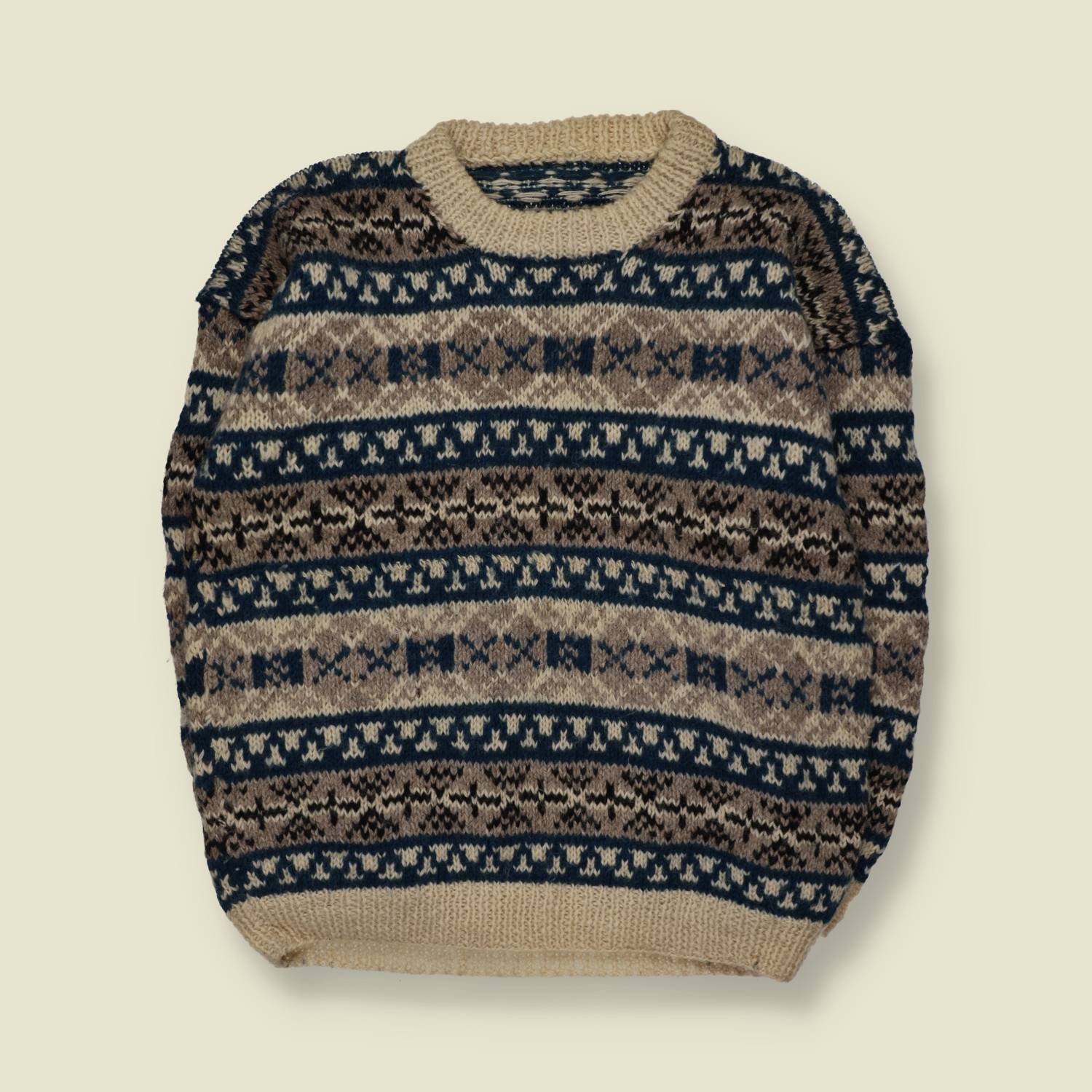 1970s | Hand Knitted | Cream & Navy Wool Geometric Pattern Crew Neck Jumper - 3XL