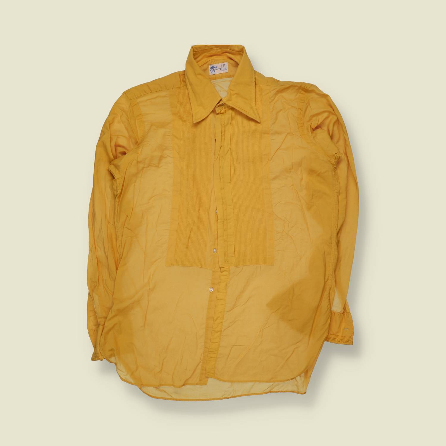 1970s | After Six | Mustard Pleated Bib Front Dress Shirt - M