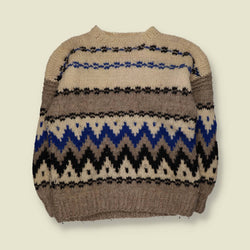 1960s-70s | Hand Knitted | Cream & Blue Wool Chevron Pattern Crew Neck Jumper - L