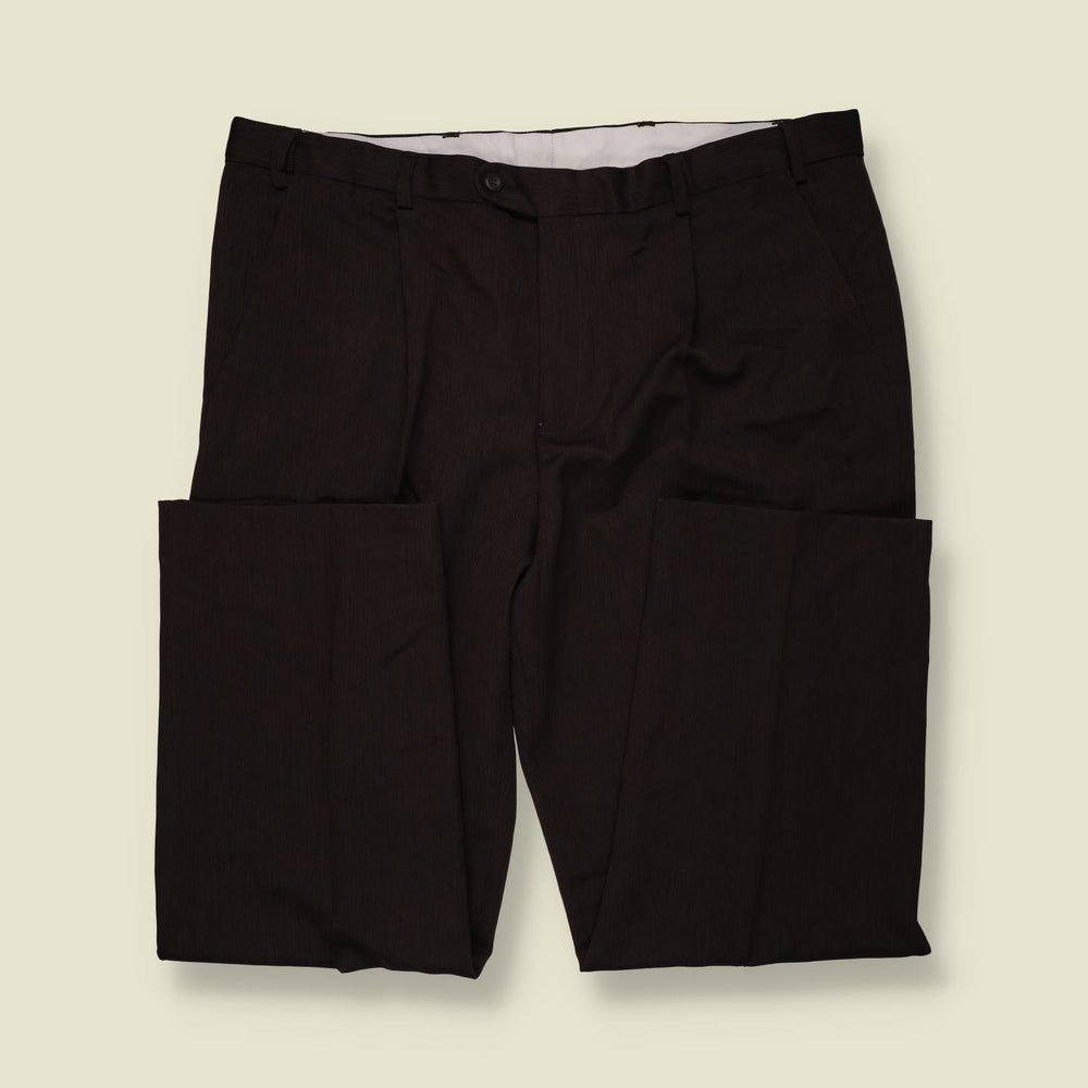1980s | Taylor & Wright | Dark Brown Pinstripe Pleated Polyester Trousers - w42