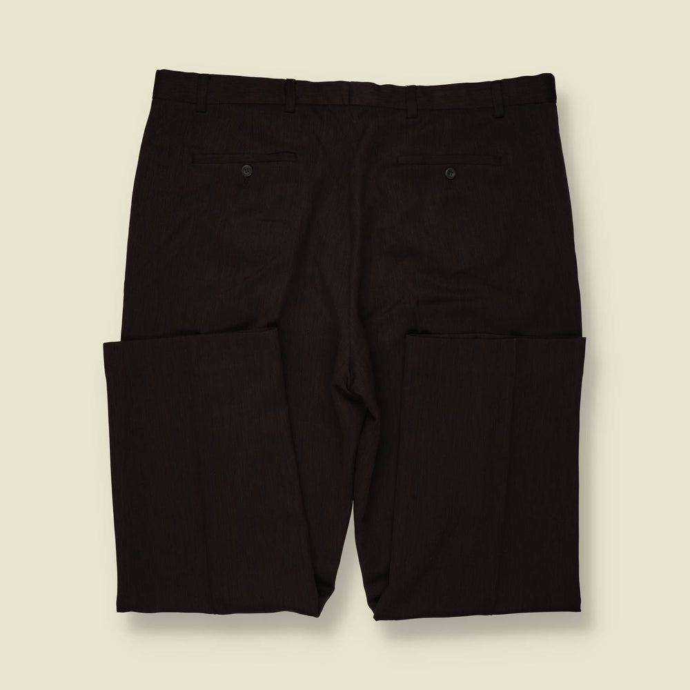 1980s | Taylor & Wright | Dark Brown Pinstripe Pleated Polyester Trousers - w42
