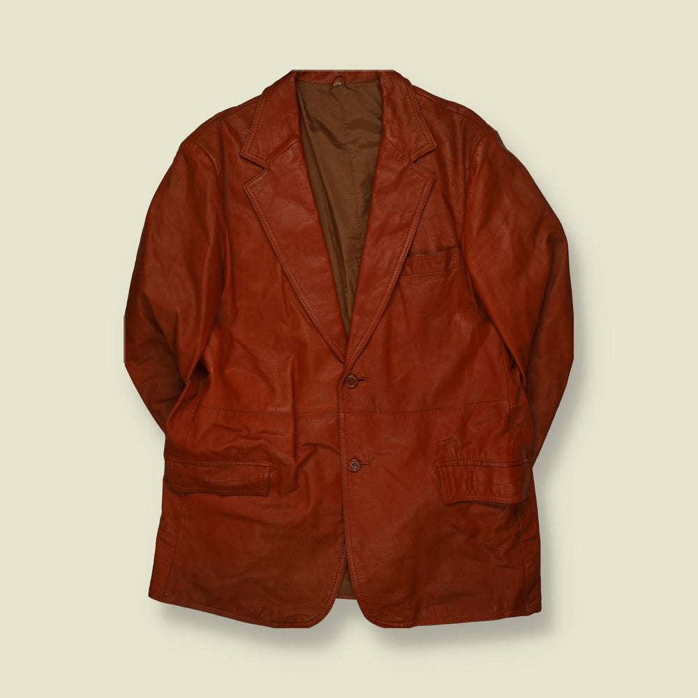 Late 1970s-Early 1980s | Tan Leather Two-Button Blazer - L