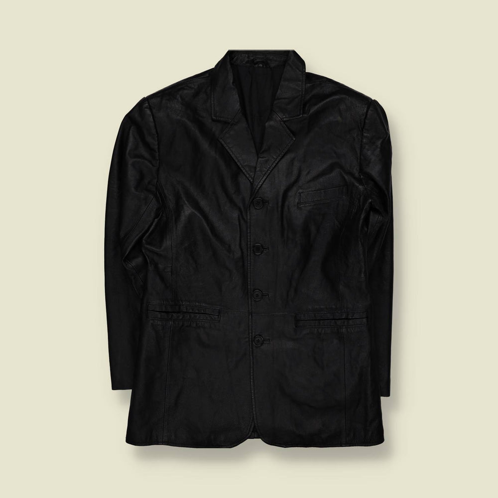 1990s | Black Leather Three-Button Car Coat - S