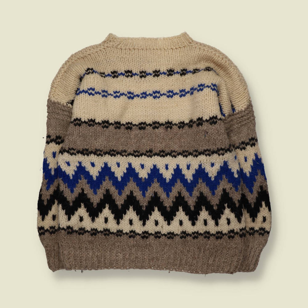 1960s-70s | Hand Knitted | Cream & Blue Wool Chevron Pattern Crew Neck Jumper - L