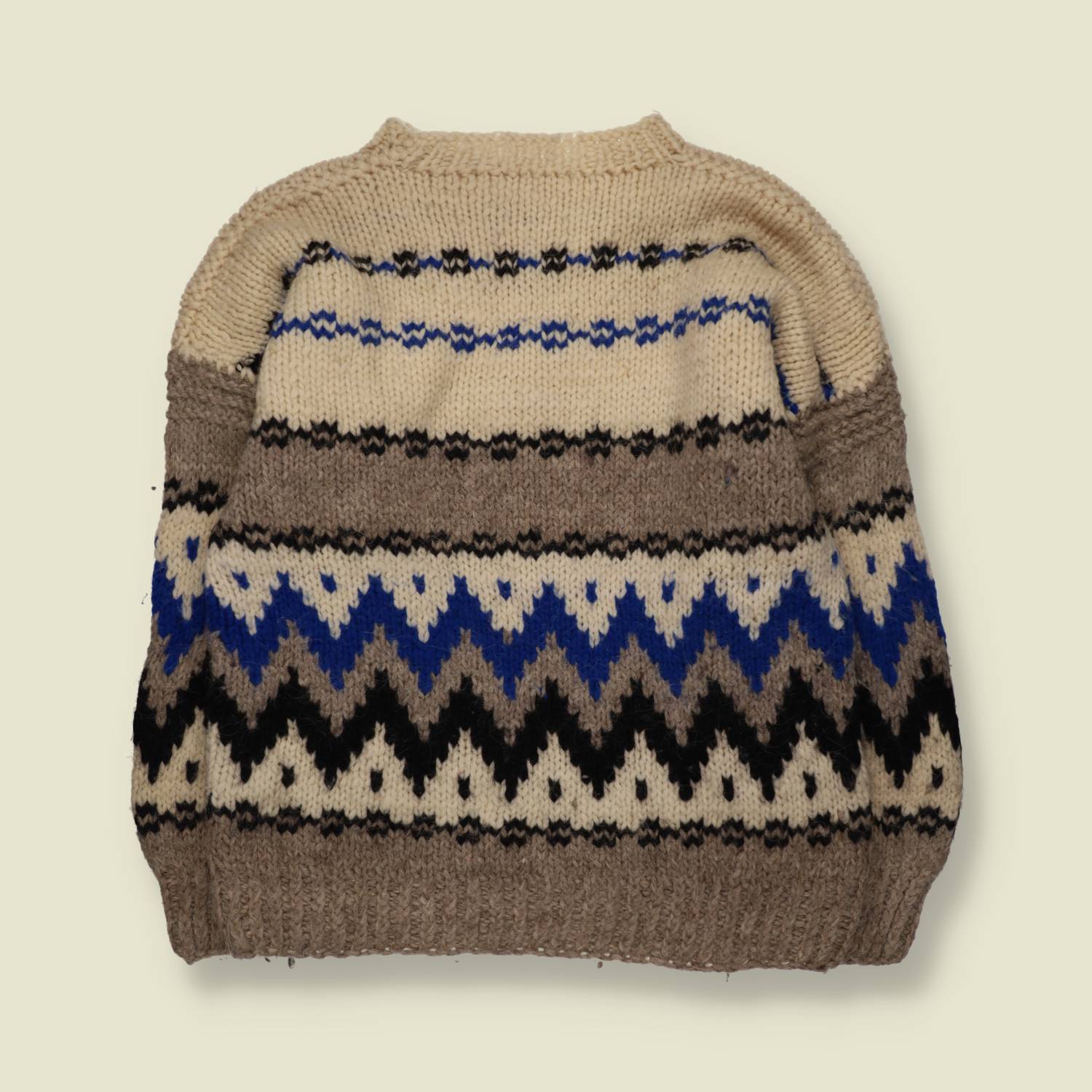 1960s-70s | Hand Knitted | Cream & Blue Wool Chevron Pattern Crew Neck Jumper - L