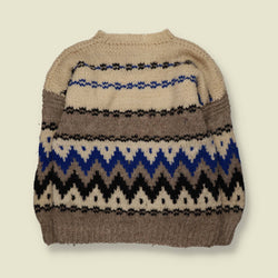 1960s-70s | Hand Knitted | Cream & Blue Wool Chevron Pattern Crew Neck Jumper - L