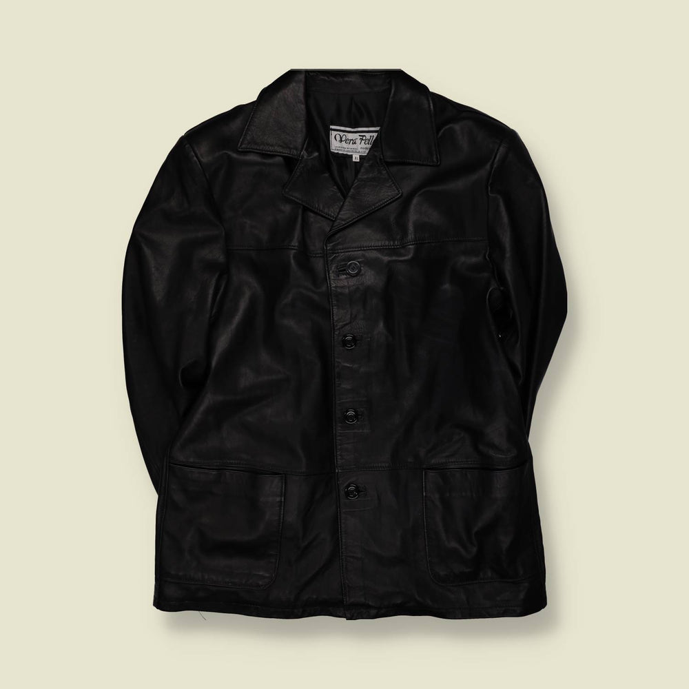 1990s | Vera Pelle | Black Leather Four-Button Jacket - Made in Italy - L