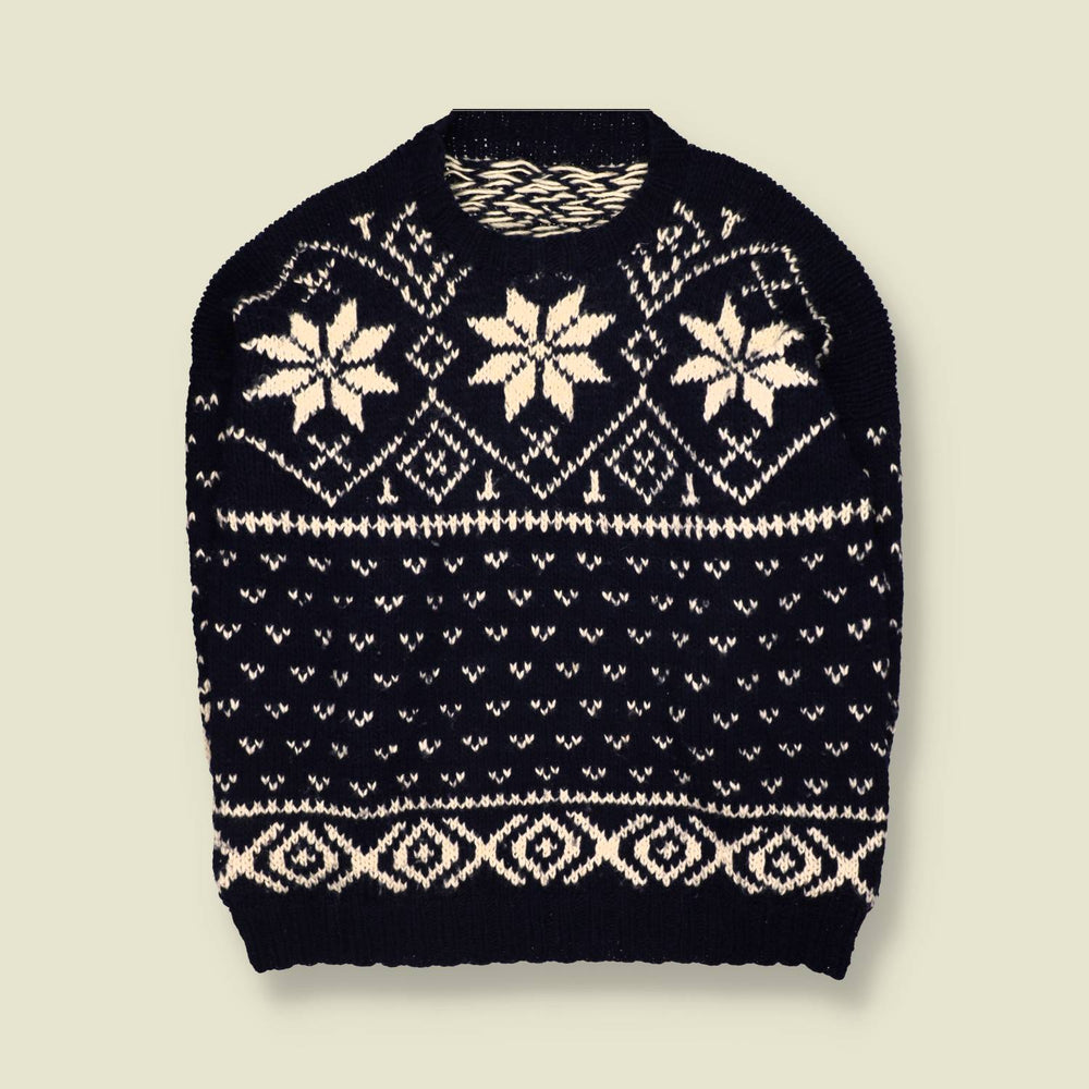 1970s | Hand Knitted | Navy & Cream Wool Snowflake Pattern Crew Neck Jumper - 5XL