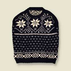 1970s | Hand Knitted | Navy & Cream Wool Snowflake Pattern Crew Neck Jumper - 5XL