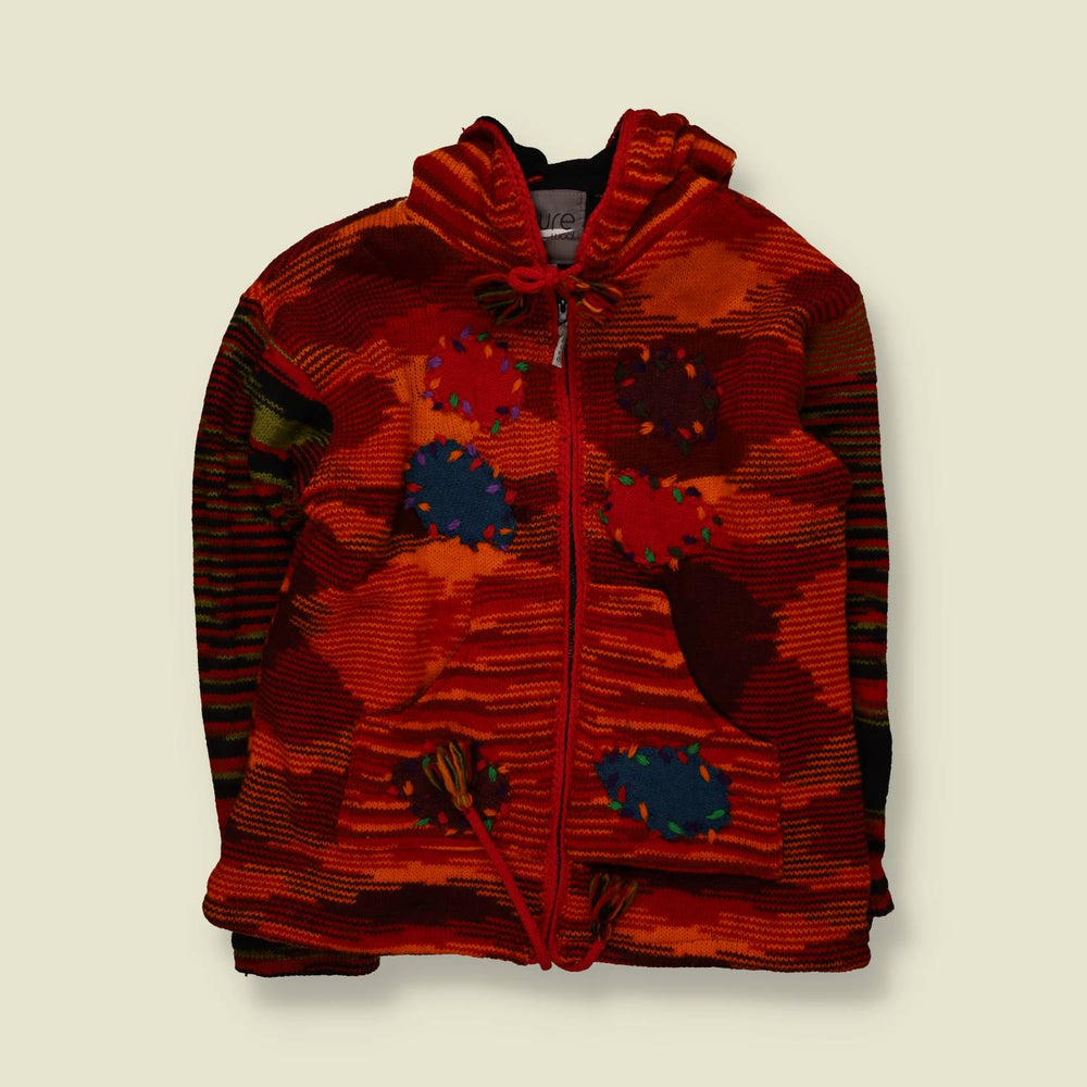 1990s | Pure Wool | Patchwork Hooded Festival Cardigan | Orange - Free size