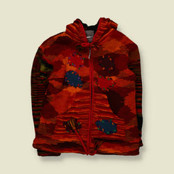 1990s | Pure Wool | Patchwork Hooded Festival Cardigan | Orange - Free size