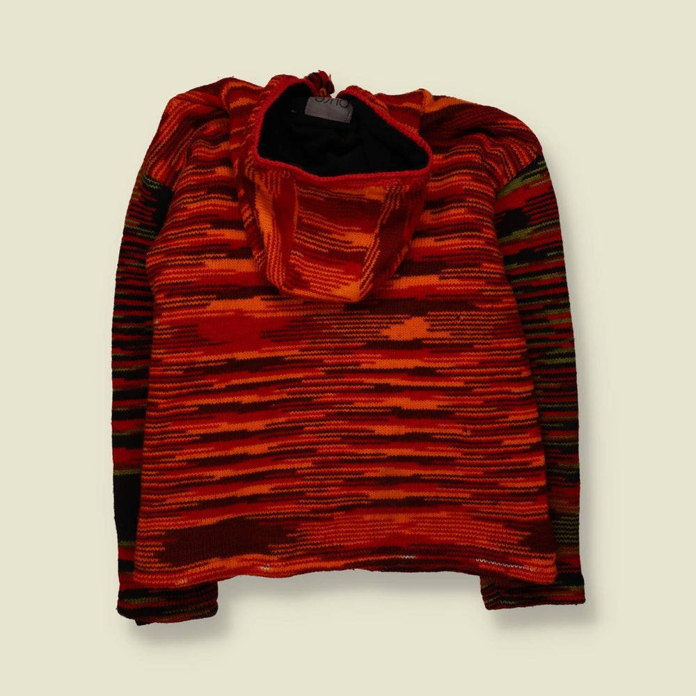 1990s | Pure Wool | Patchwork Hooded Festival Cardigan | Orange - Free size