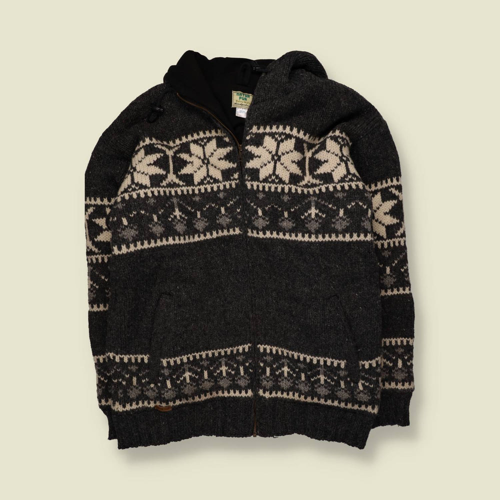 1990s | Natur Pur | Fair Isle Festival Hooded Cardigan | Charcoal - Free size