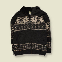 1990s | Natur Pur | Fair Isle Festival Hooded Cardigan | Charcoal - Free size