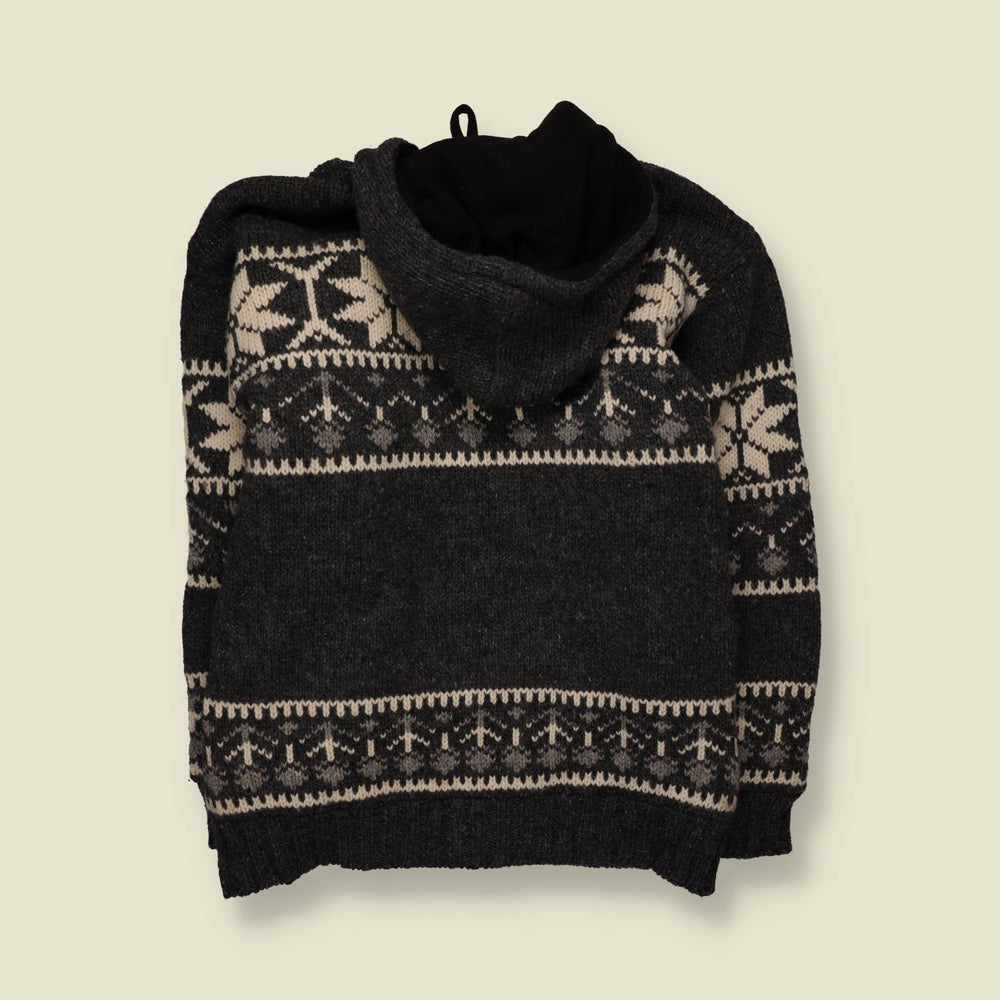 1990s | Natur Pur | Fair Isle Festival Hooded Cardigan | Charcoal - Free size