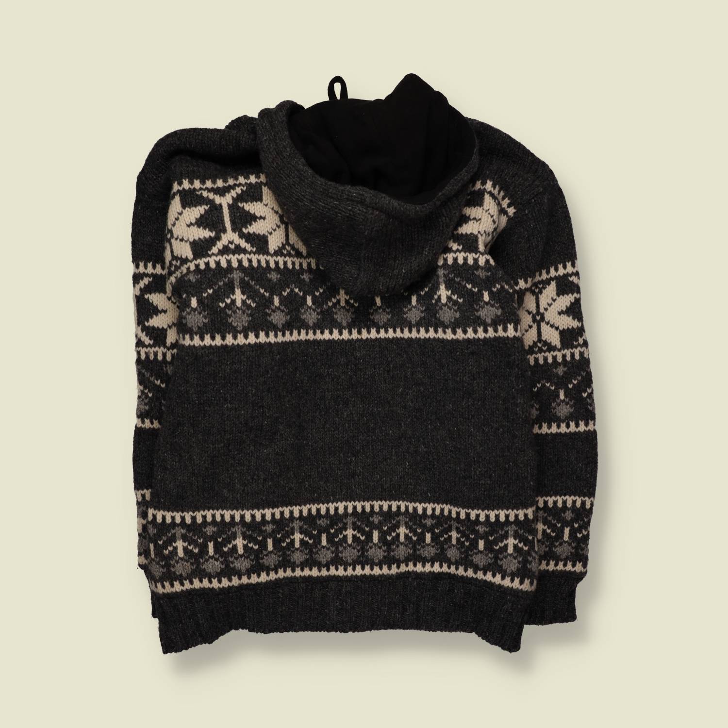 1990s | Natur Pur | Fair Isle Festival Hooded Cardigan | Charcoal - Free size