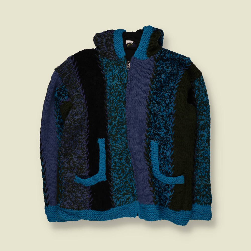 1990s | Yash | Patchwork Wizard Hood Cardigan | Blue Multi - Free size