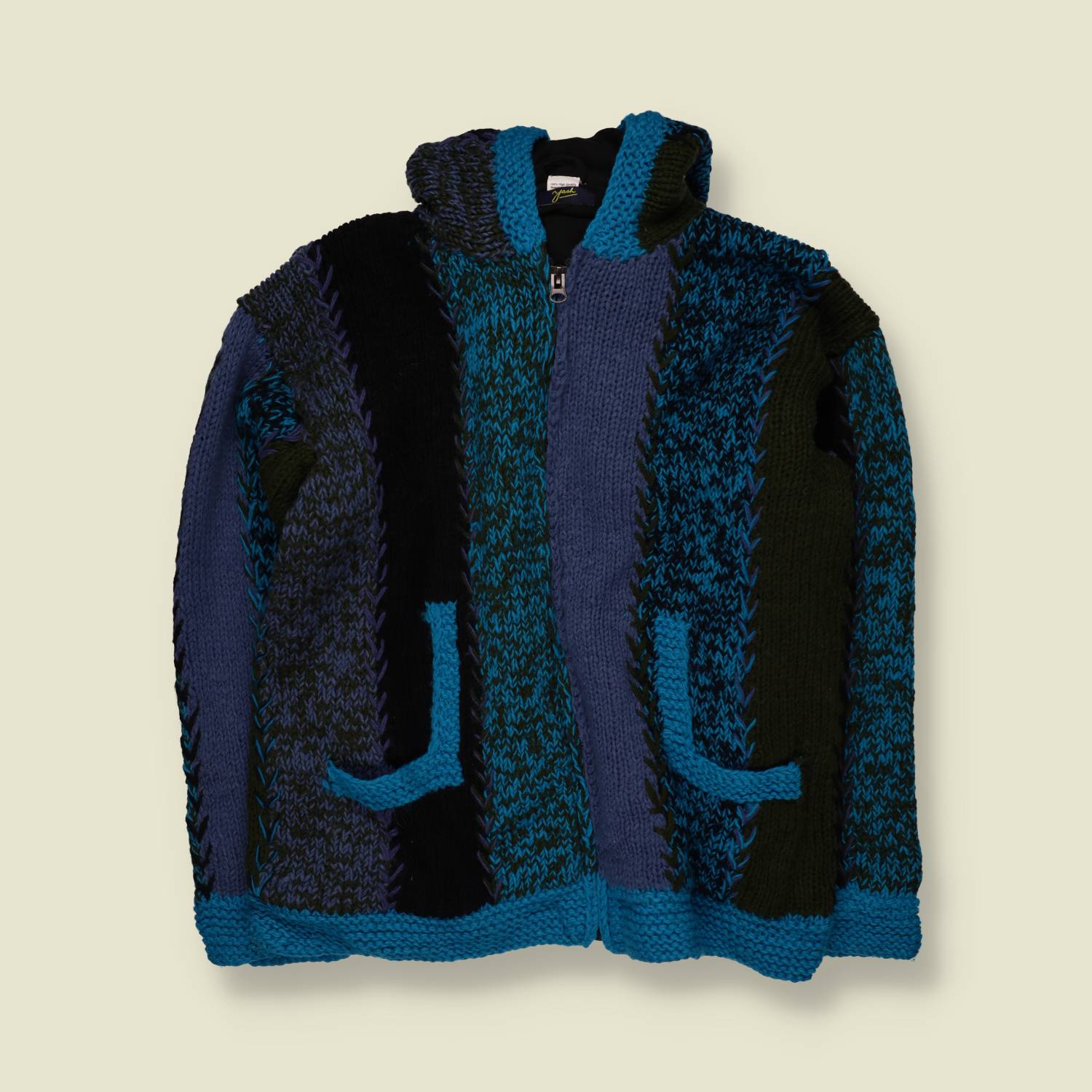 1990s | Yash | Patchwork Wizard Hood Cardigan | Blue Multi - Free size