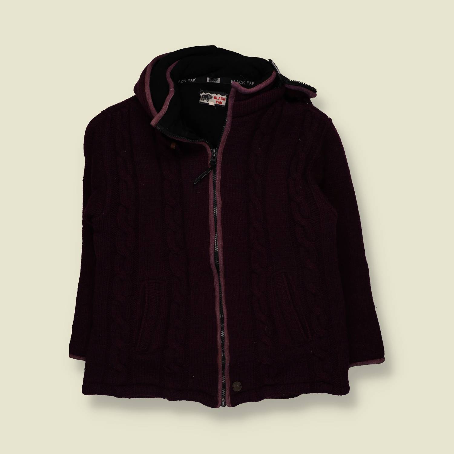1990s | Black Yak | Cable Knit Hooded Cardigan | Plum - 16