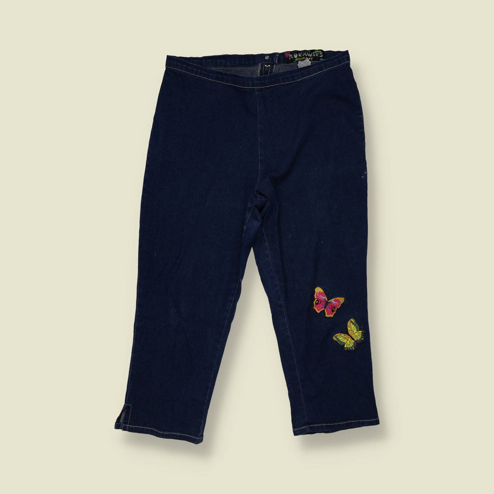 1990s | No Excuses | Butterfly Cropped Denim Trousers | Indigo - w30