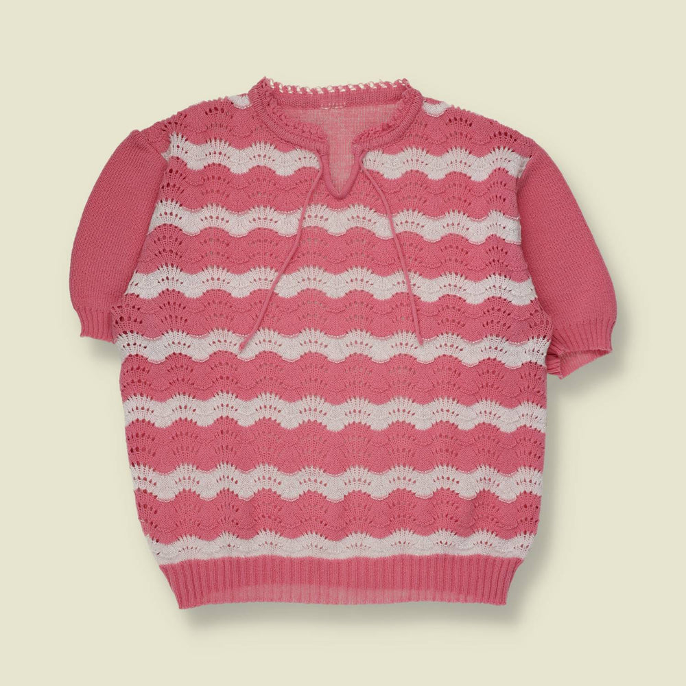 1970s | Scallop Knit Top | Pink White - 12