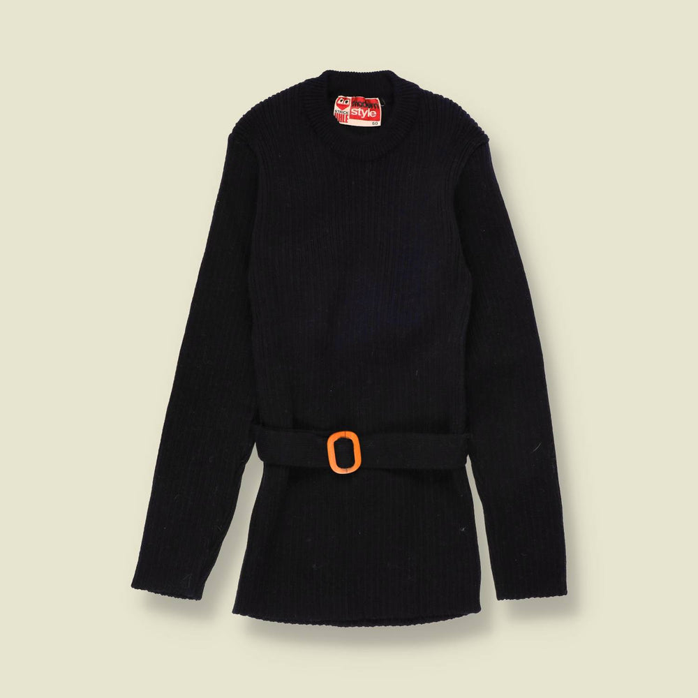 1970s | Modern Style | Belted Ribbed Knit Jumper | Black - 2