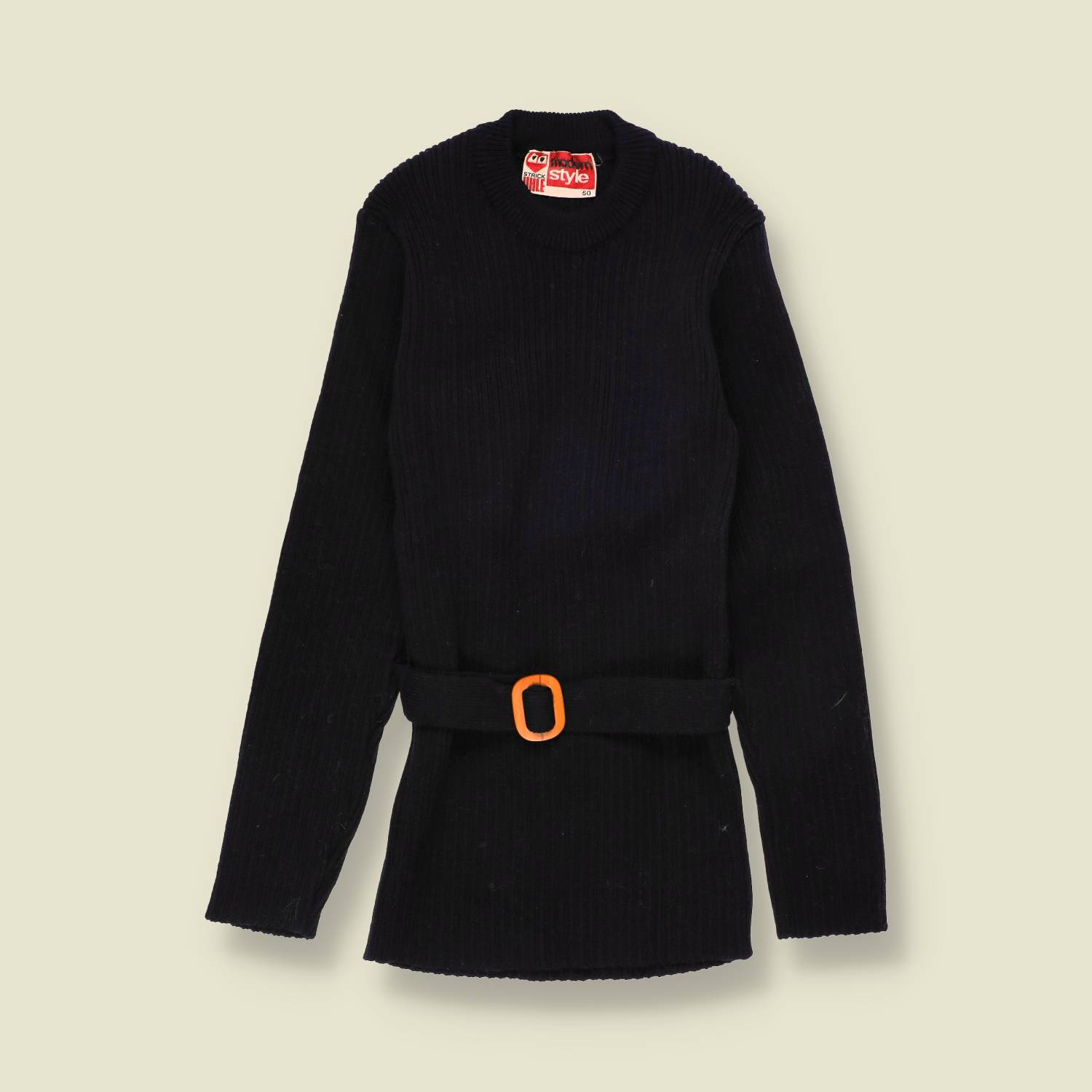 1970s | Modern Style | Belted Ribbed Knit Jumper | Black - 2