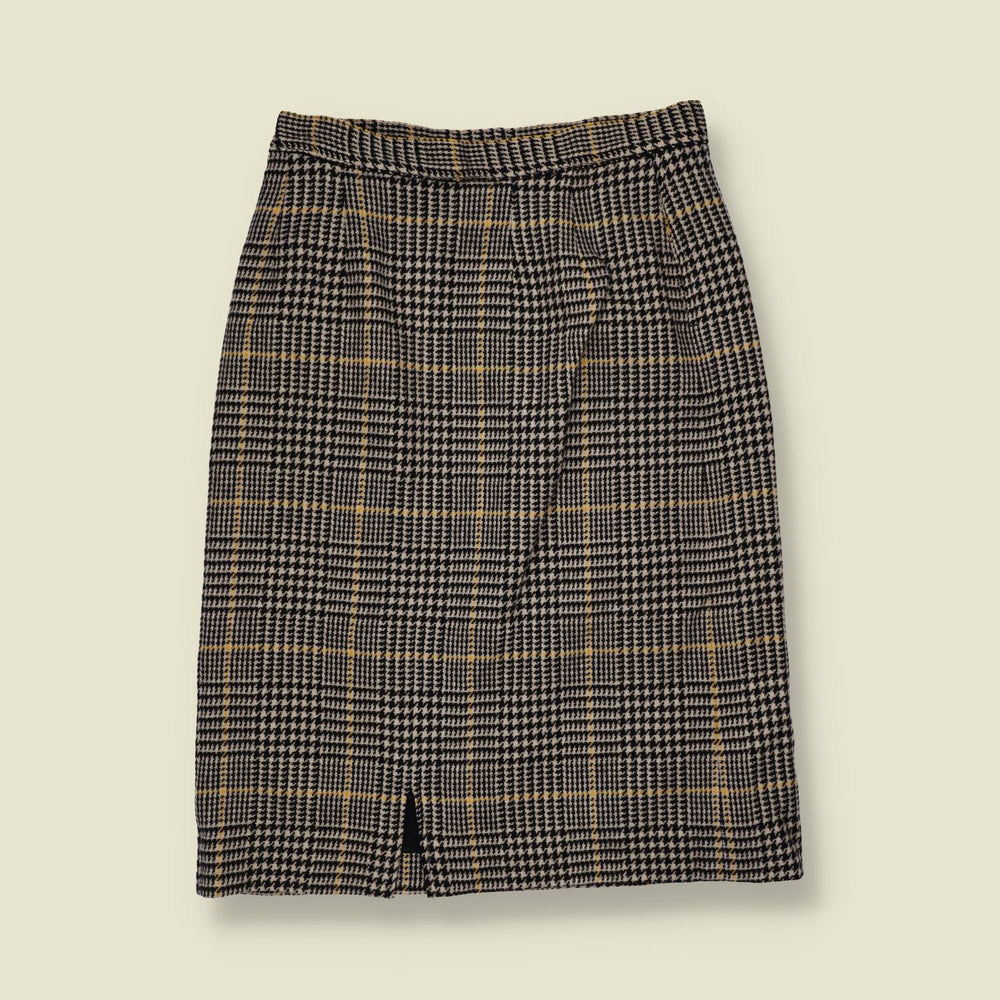 1970s | Pendleton | Virgin Wool Prince of Wales Check Pencil Skirt | Black White Yellow - w28