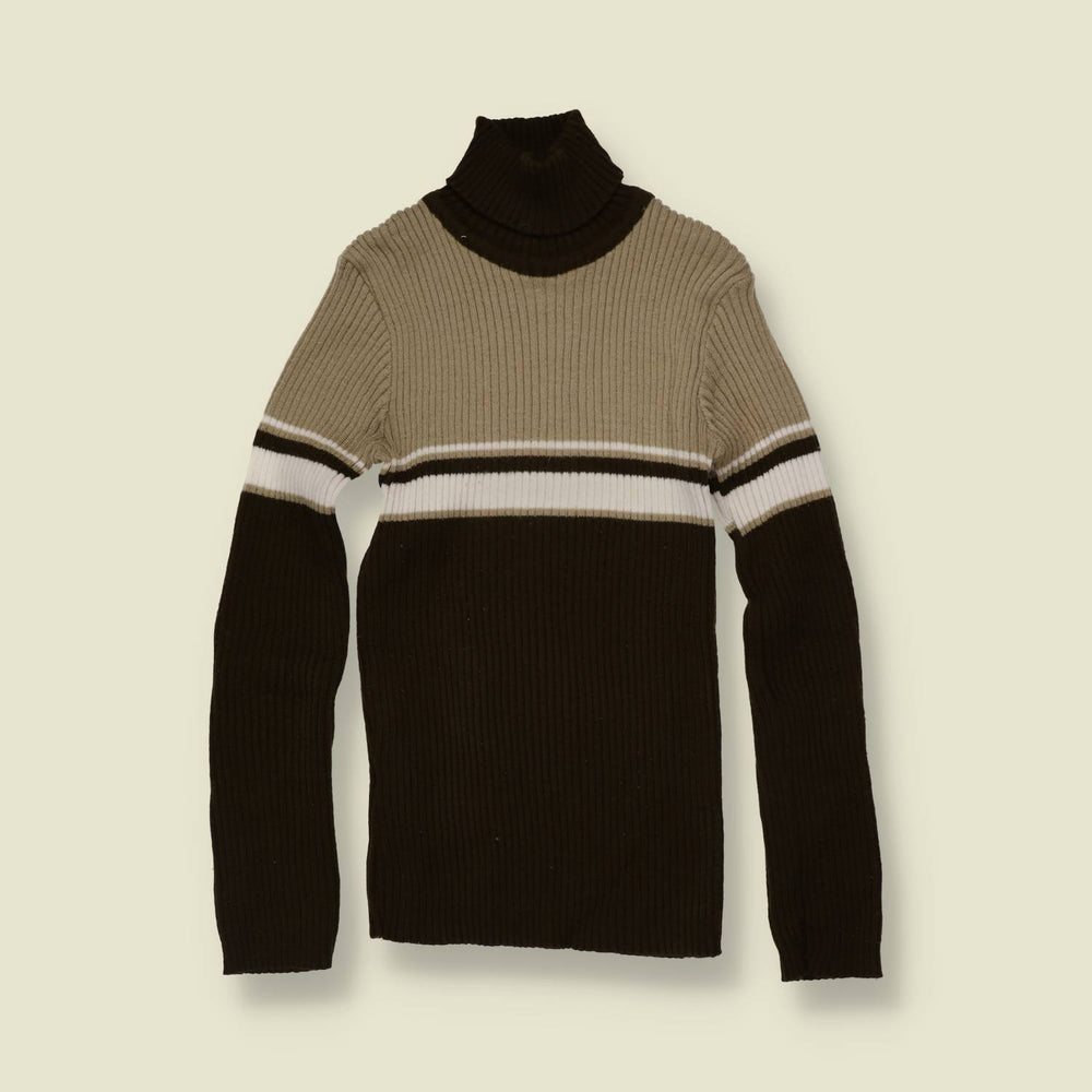 1990s | Ribbed Roll Neck Jumper | Brown Colourblock - 0