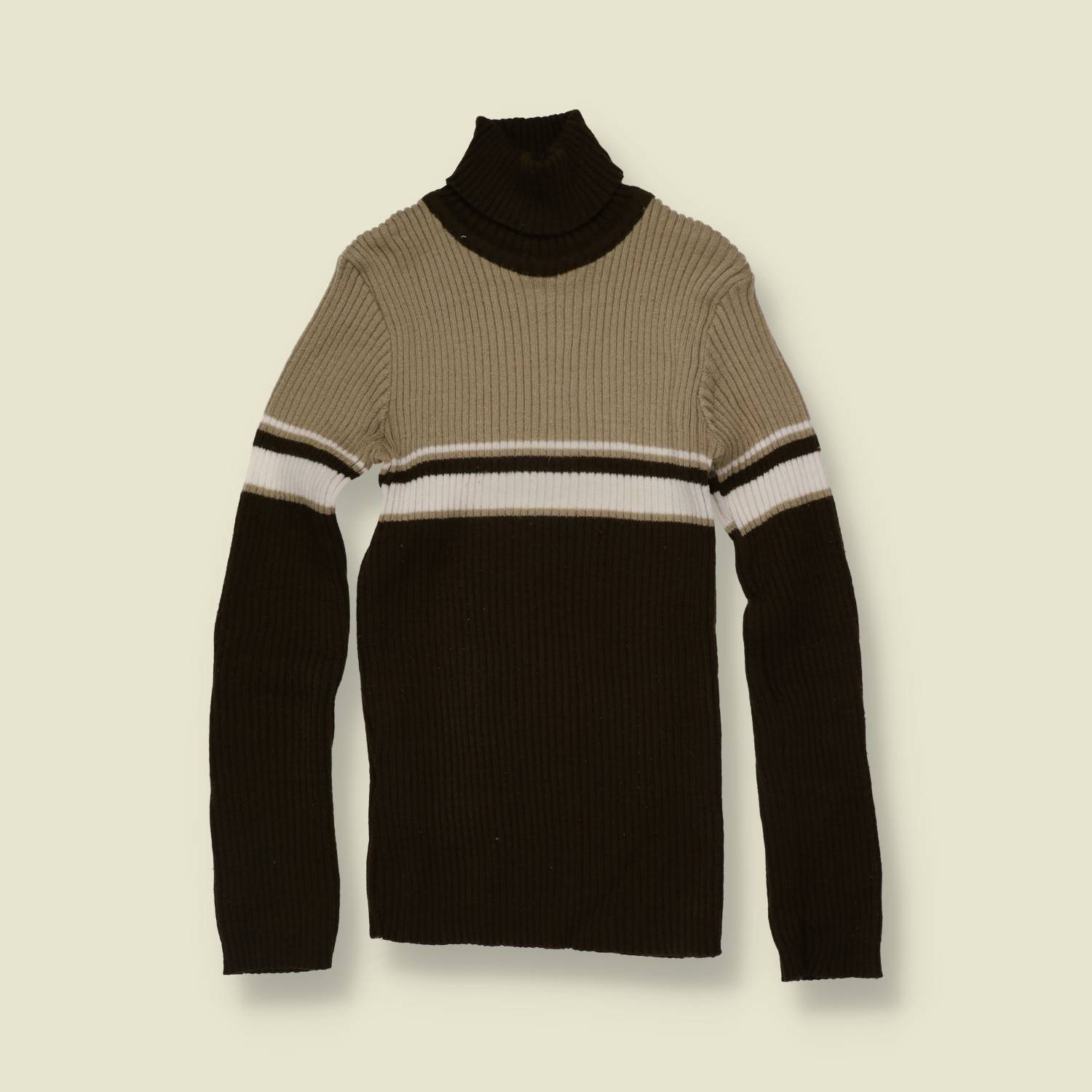 1990s | Ribbed Roll Neck Jumper | Brown Colourblock - 0