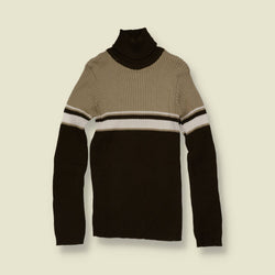 1990s | Ribbed Roll Neck Jumper | Brown Colourblock - 0