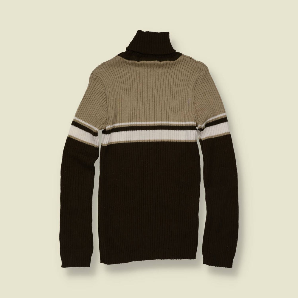 1990s | Ribbed Roll Neck Jumper | Brown Colourblock - 0