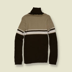 1990s | Ribbed Roll Neck Jumper | Brown Colourblock - 0