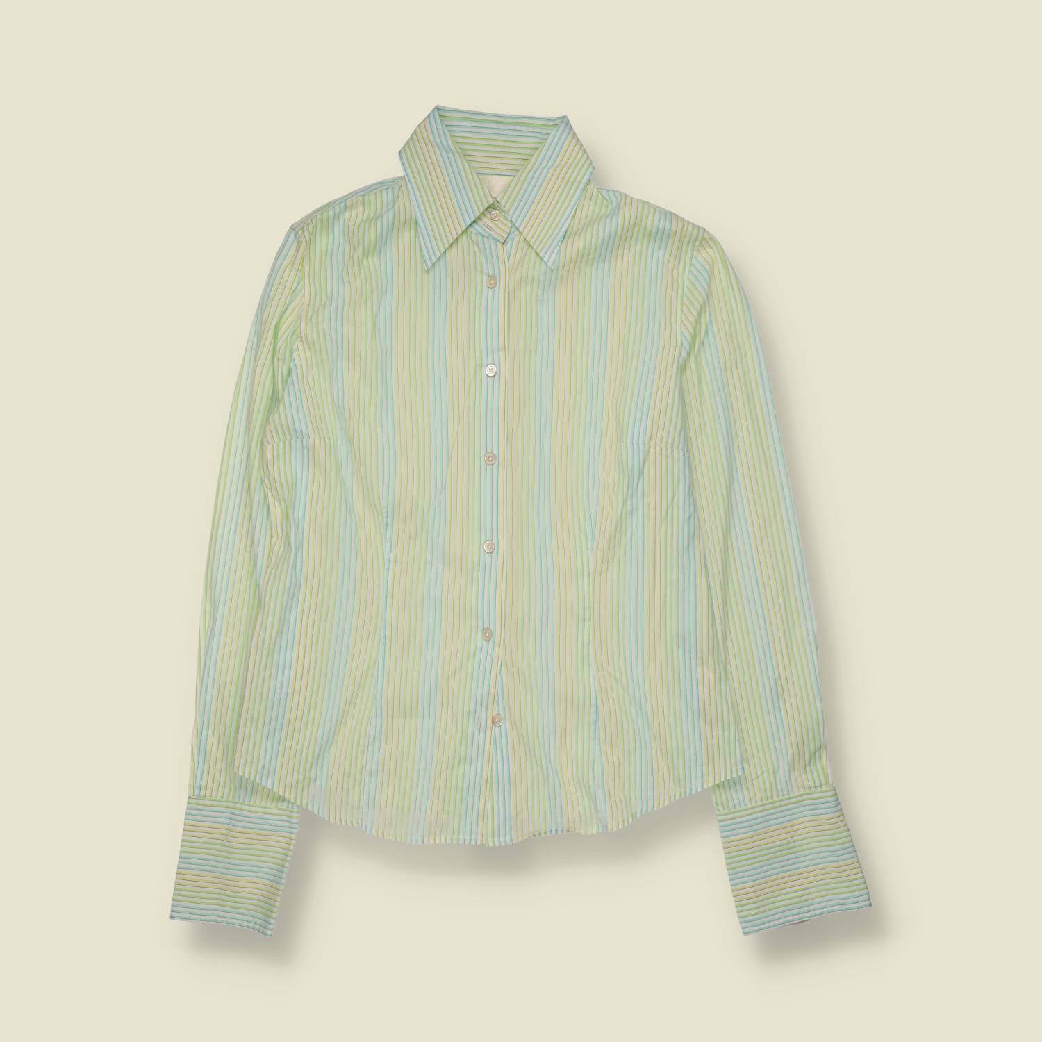 1990s | Striped Cotton Blouse | Blue Green - 8