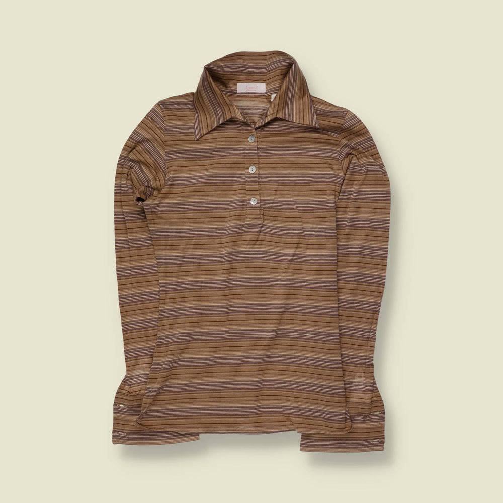 1990s | Striped Polo Blouse | Brown Multi - 4