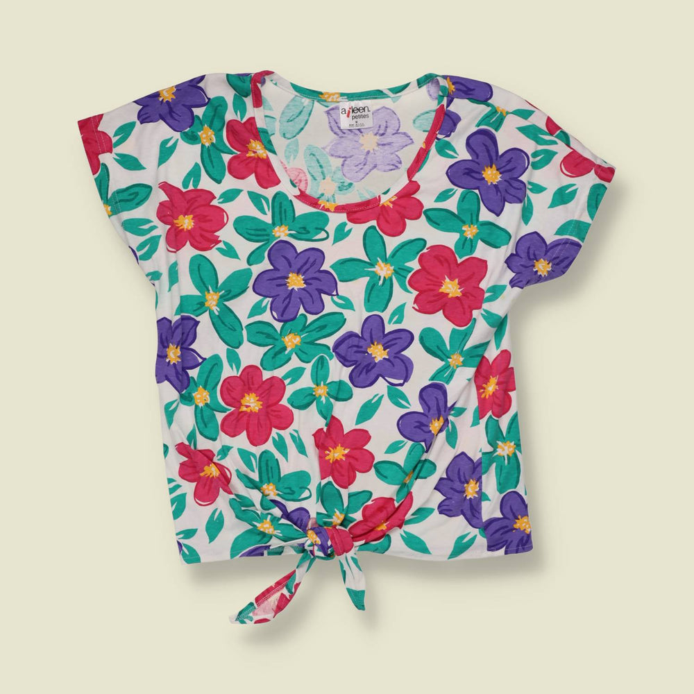 1980s | Aileen Petites | Floral Tie-Front Top | Multi - 10