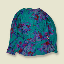 1980s | Floral Satin Blouse Jacket | Green - 14