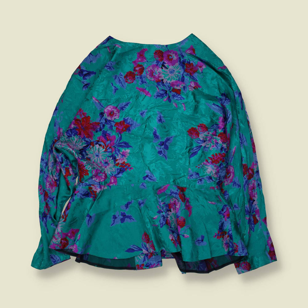 1980s | Floral Satin Blouse Jacket | Green - 14
