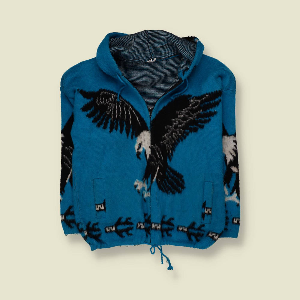 1990s | Eagle Knit Hooded Jacket | Blue - Free size