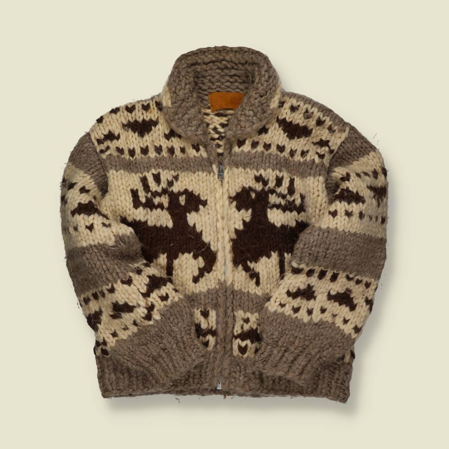 1970s–80s | Hand-Knit Cowichan-Style Zip Cardigan – Oatmeal/Grey with Deer - XS/S