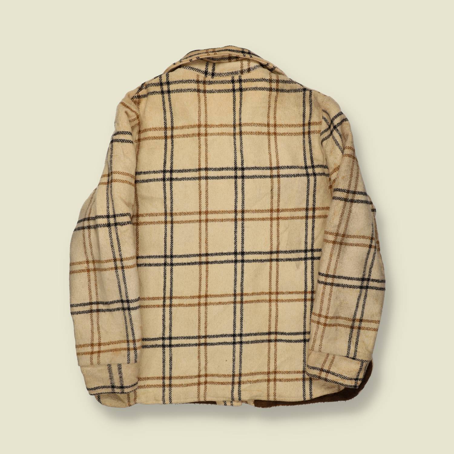 1970s | Sears Wool Sherpa-Lined Shirt Jacket | Cream/Tan Plaid - S