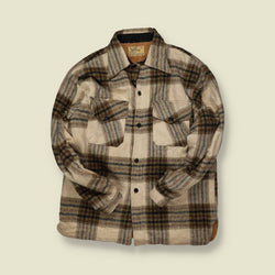 1970s | Fashion Sportswear Wool Shirt Jacket | Cream/Brown Plaid - S/M